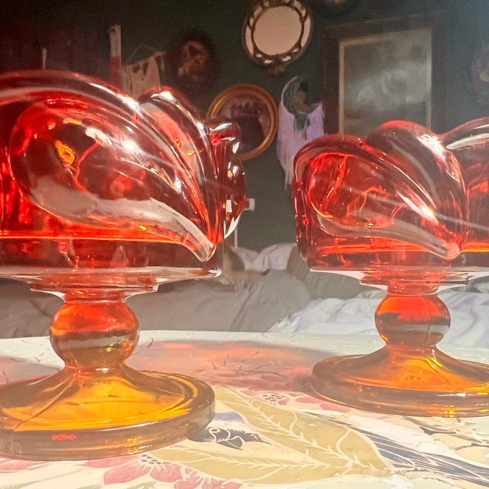Vintage Amberina Indiana Glass Red and Orange Glass MCM taper Candle Holders